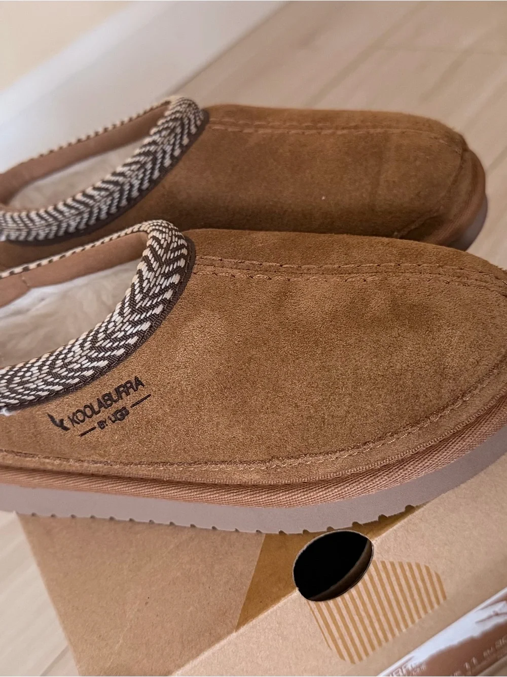 Koolaburra Kids Chestnut Brown Suede Slip-On Slippers with Braided Trim